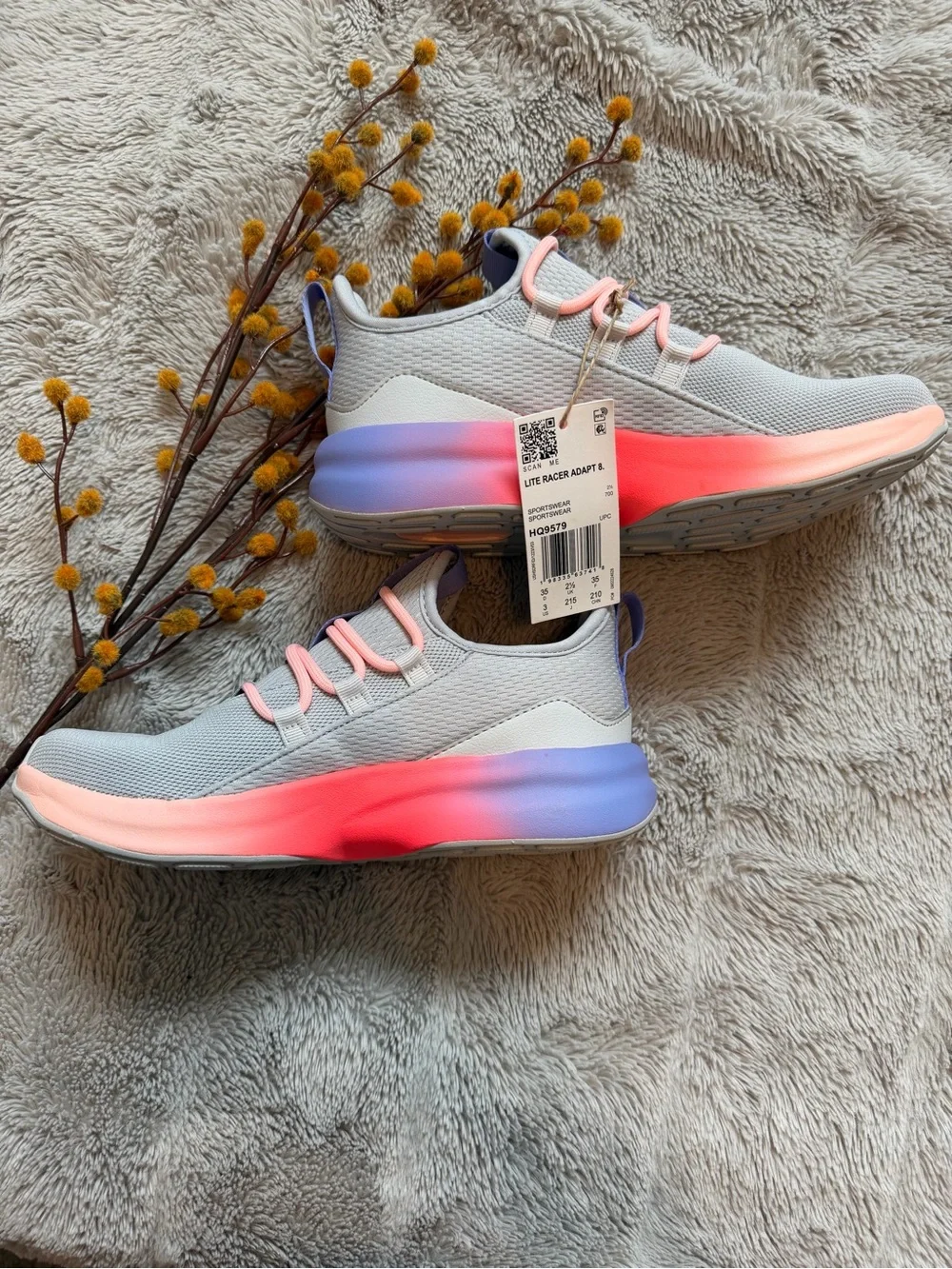 adidas Kids Light Gray Sneakers with Pink and Purple Gradient Midsole